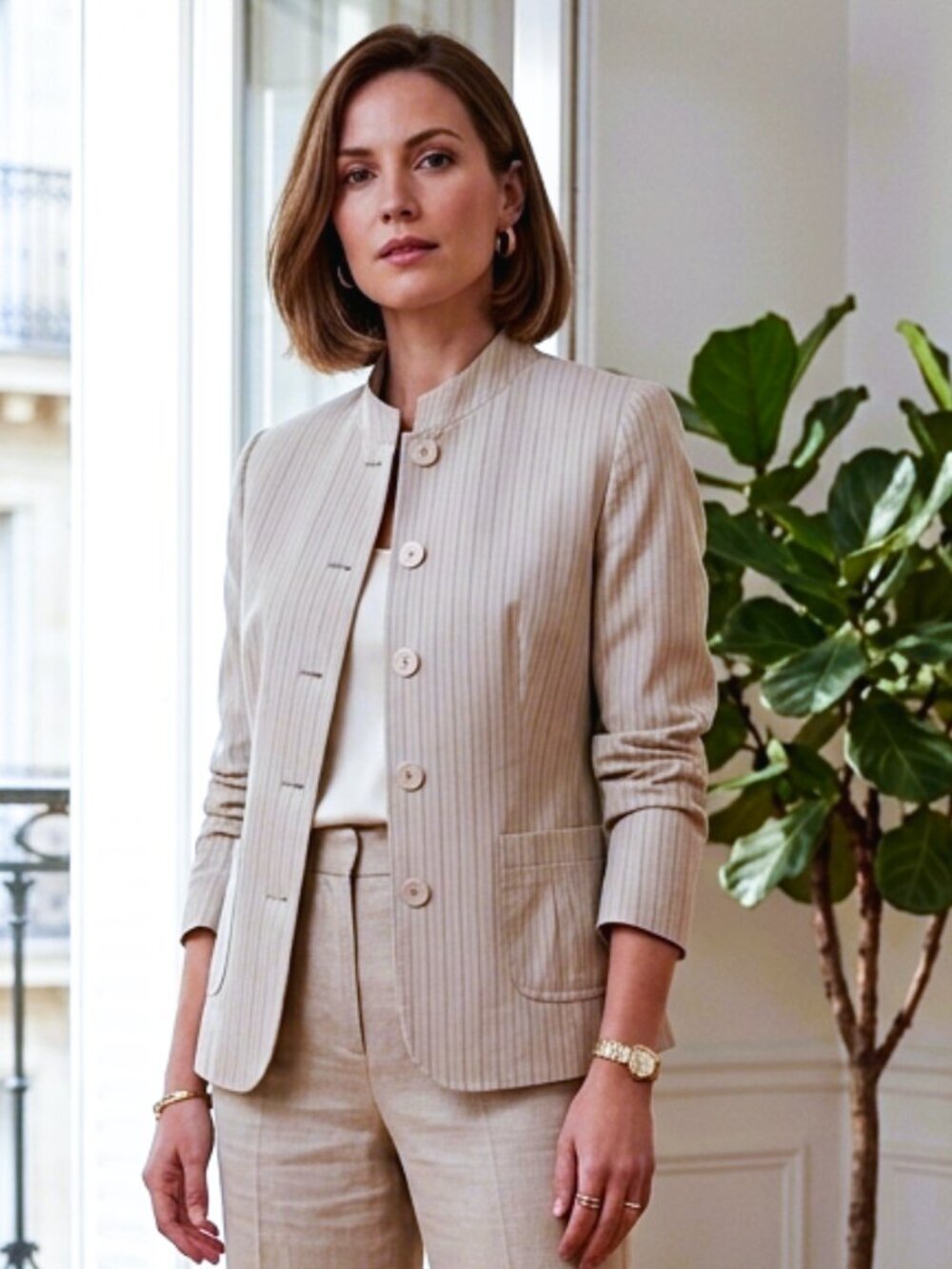 Vintage Cotton Striped Button Up Light Grey Blazer by Jessica